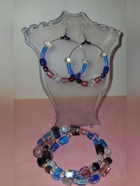Hand crafted Multicolor Bead Hoop Earrings and Memory Wire Bracelet Set